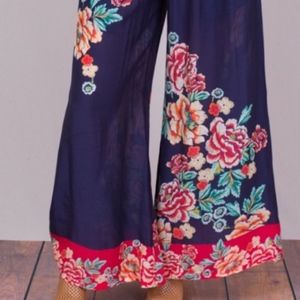 Johnny Was Rosey pants navy blue floral wide leg